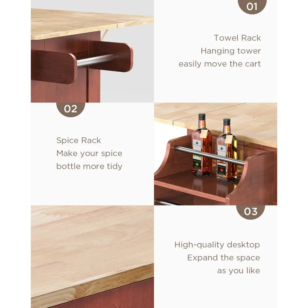 Kitchen Island Cart on Wheels with Drop Leaf Countertop Lockable Casters Two Drawers Storage Cabinet Double Doors Brown