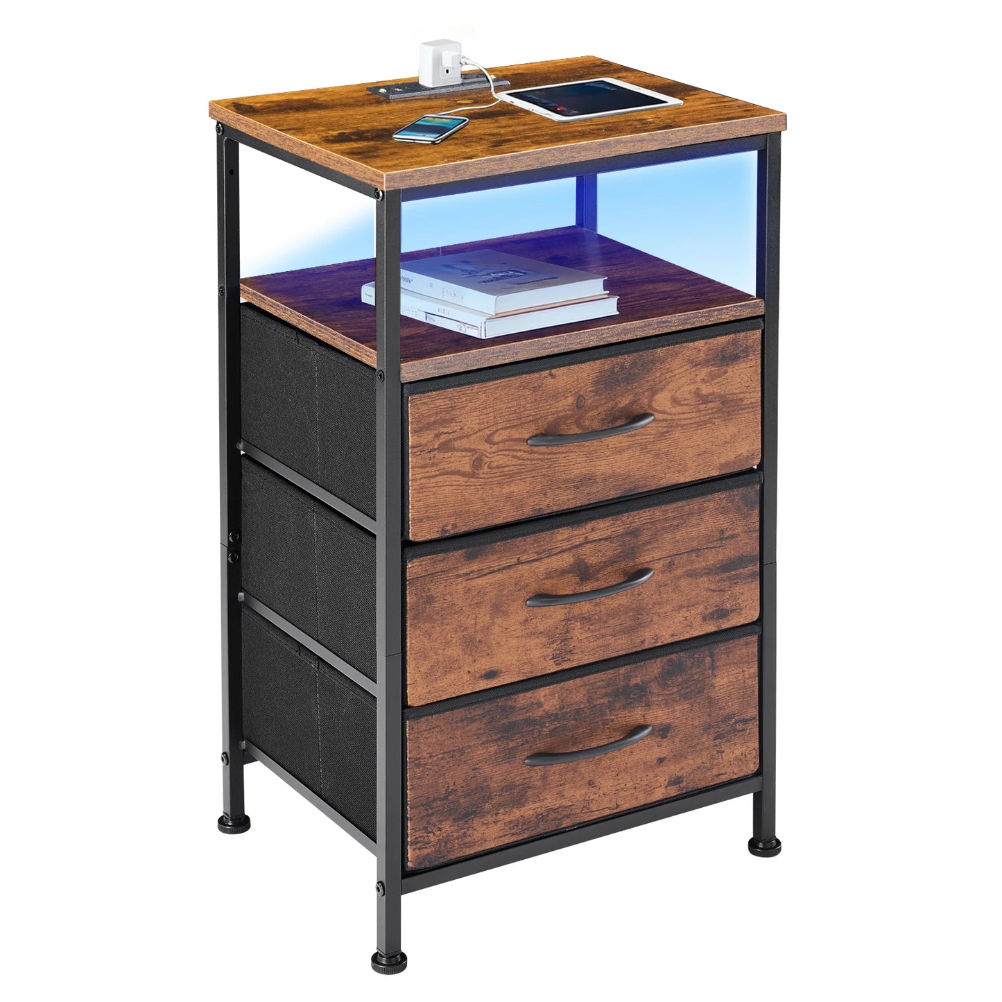 JHK 3 Fabric Drawers Cabinets with Charging Station Bedside End Table with USB/Type-C Ports Outlets Nightstand for Furniture