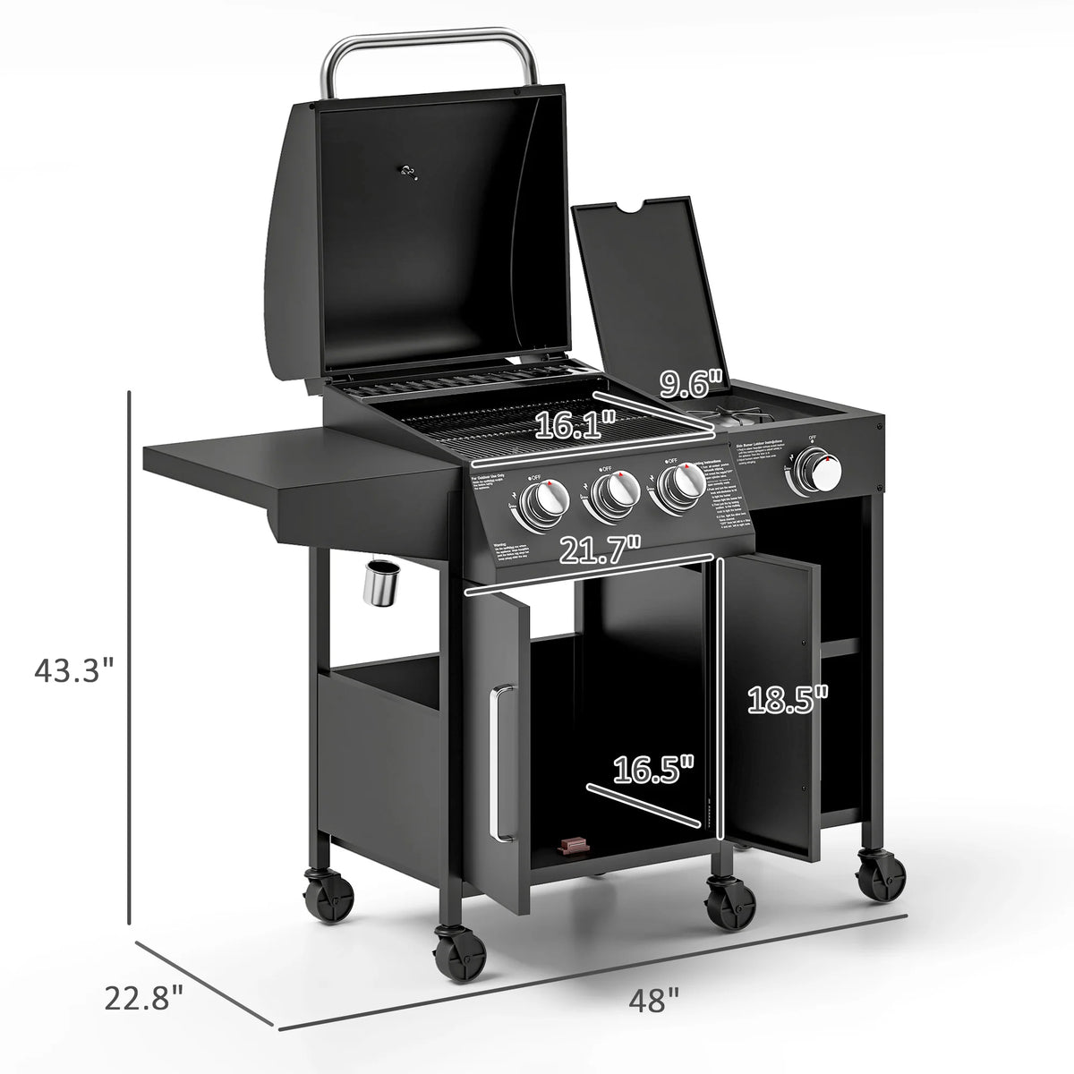 Outsunny Three Burner Gas Grill With Side Burner And Shelves