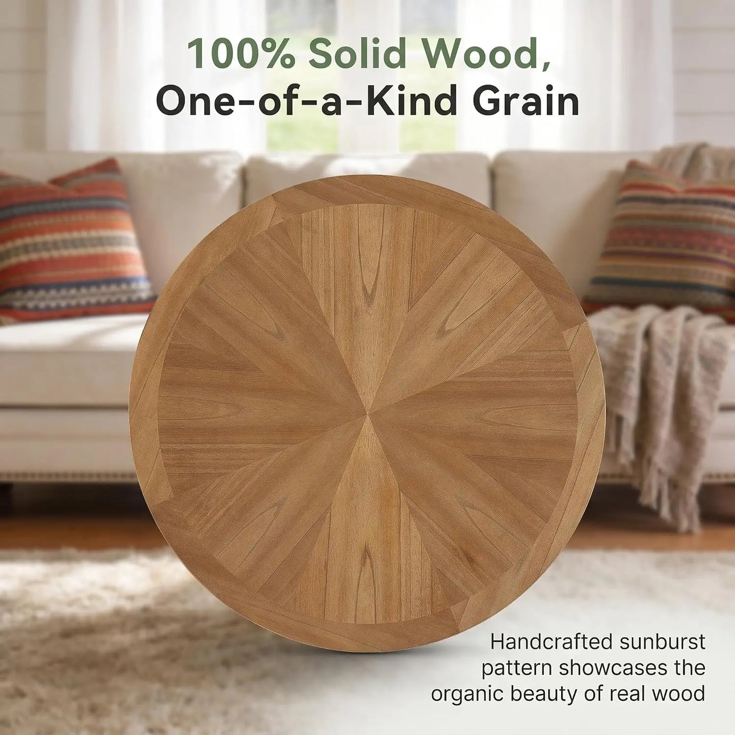31.5" Round Solid Wood Coffee Table with 2-Tier Storage Shelf, Farmhouse Circle Center Table with Curved Legs for, Customized