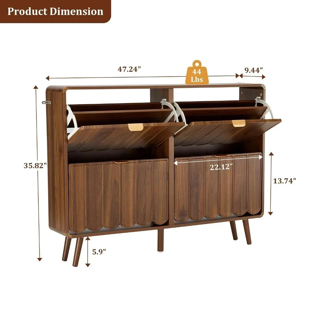 Narrow Freestanding Wood Shoe Storage Cabinet,Wave Panel & 4 Flip Drawers For Entryway, Custom