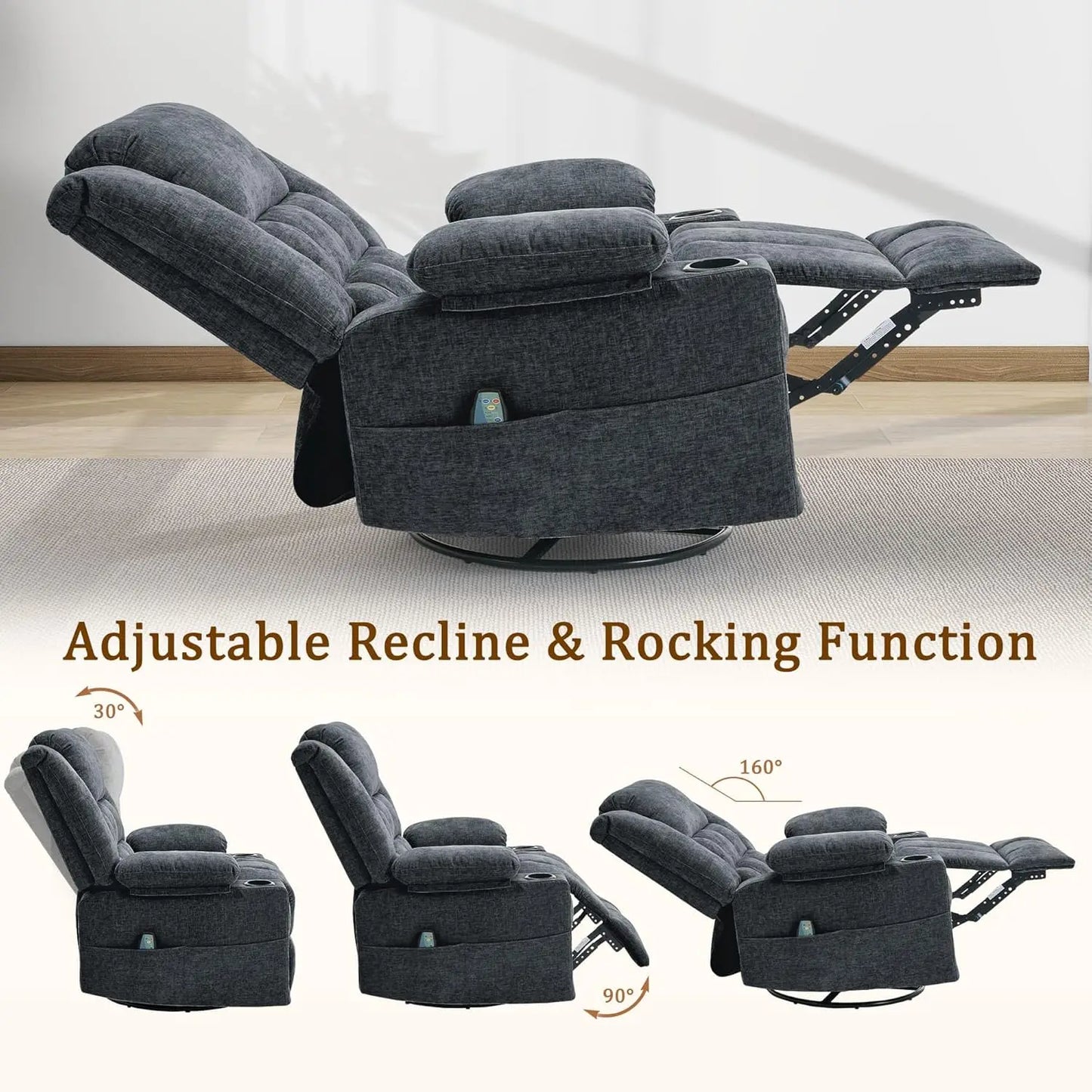 Korser 360° Swivel Rocker Recliner With Massage And Cup Holder