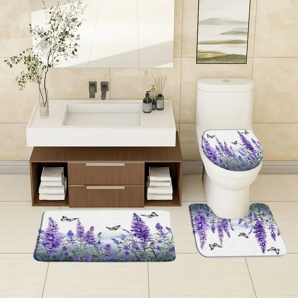 Botanical Rug Set With Watercolor Flower Bath Mats