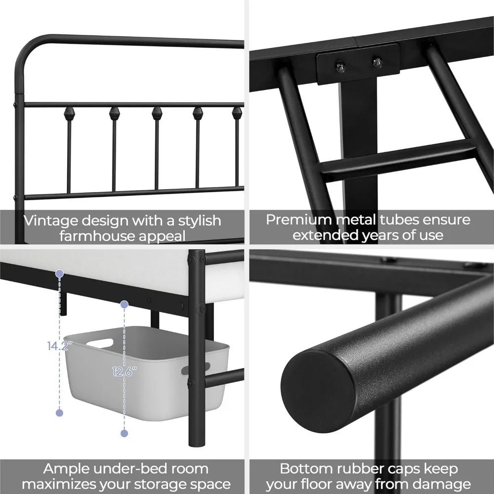 Twin Metal Bed Frame with Iron-Art Headboard, 450 lb Capacity, Storage Space, No Box Spring Needed