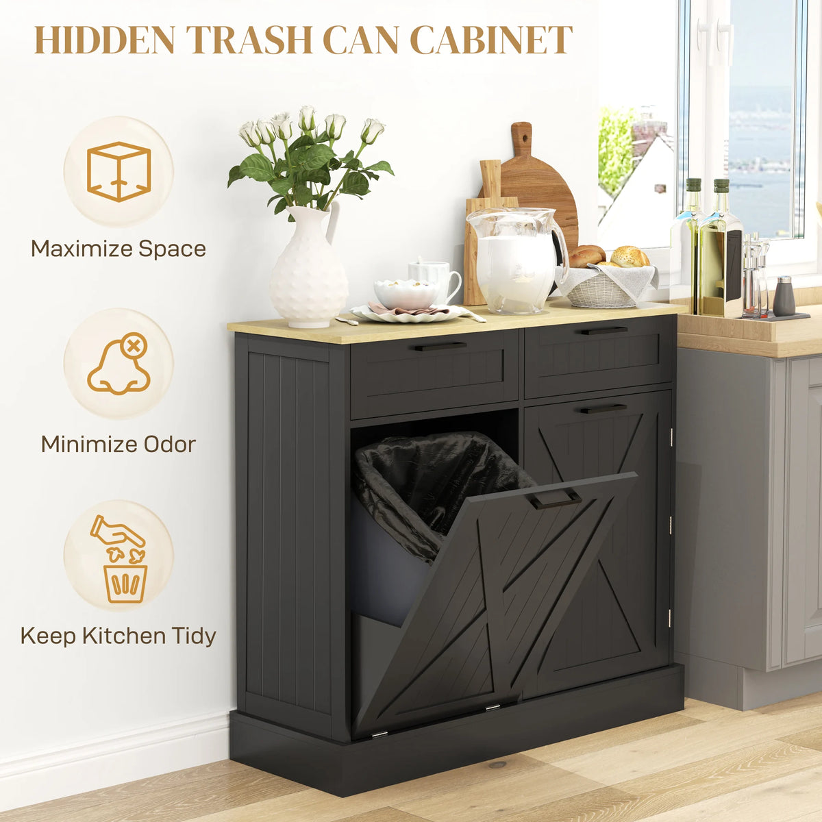 HOMCOM Tilt Out Trash Can Cabinet, 10 Gallon Farmhouse Kitchen Cabinet with Hidden Trash Can and 2 Drawers for Laundry Room, Pantry, Kitchen, Black