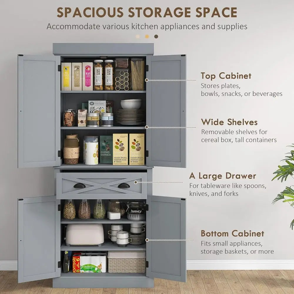 72" Kitchen Pantry Storage Cabinet, Traditional reestanding Pantry Cabinet with 4 Doand 2 Adjustable Shelves, Large Central Der,