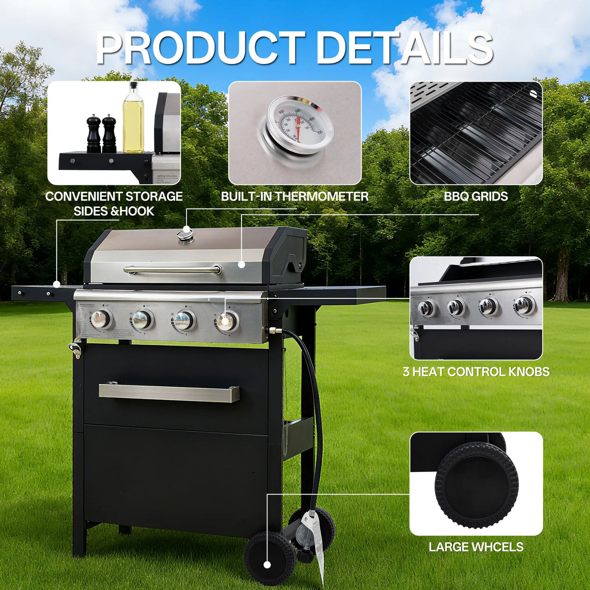 Outdoor Propane Gas Grill With Four Burners And Protective Cover