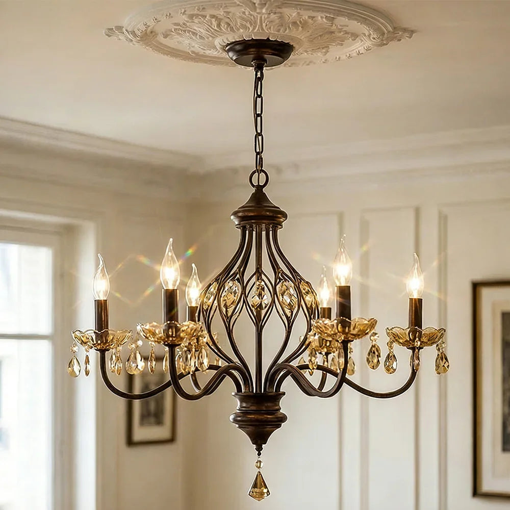 French Retro Candle Pendant Lights with Amber Crystal Vintage Brown Iron E14 Ceiling Chandelier for Living Room Kitchen Table
