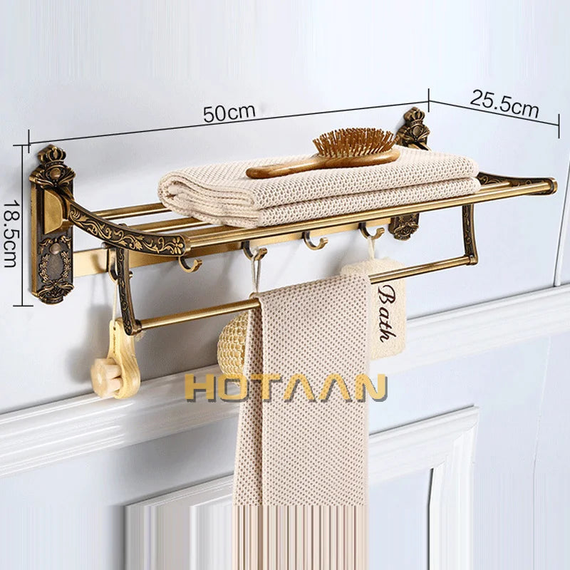 HOTAAN Aluminum Foldable Bath Towel Rack With Hooks and Shelf