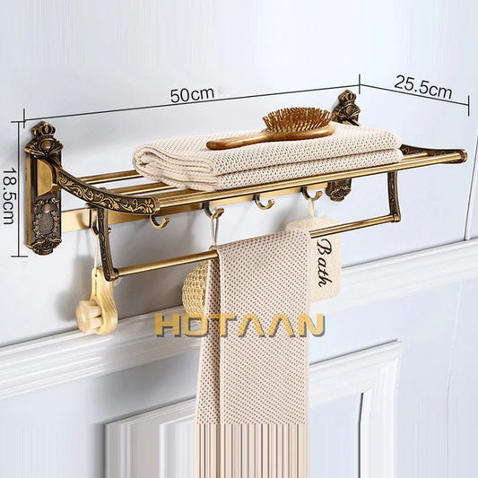 HOTAAN Aluminum Foldable Bath Towel Rack With Hooks and Shelf