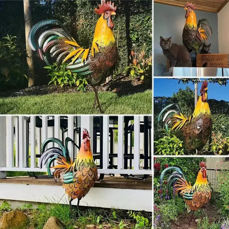 Metal Rooster Garden Sculpture Outdoor Decor Statue