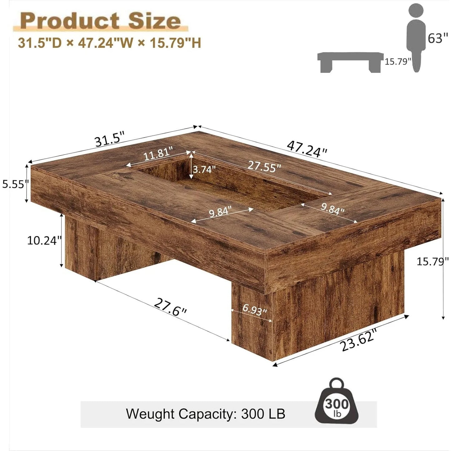 XIUWO Rustic Wood Coffee Table With Storage LED Light