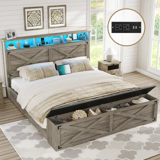 Farmhouse Queen Bed Frame with Storage Headboard and Charging Station Wood Platform Bed Frame Queen Size with, Customized