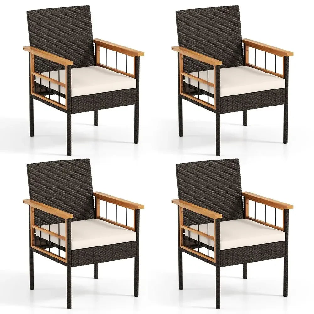 Wicker Patio Dining Chairs Set of 4, Outdoor Acacia Wood Armrest Dinner Chairs with Removable Cushion, Outside Chairs for Backy