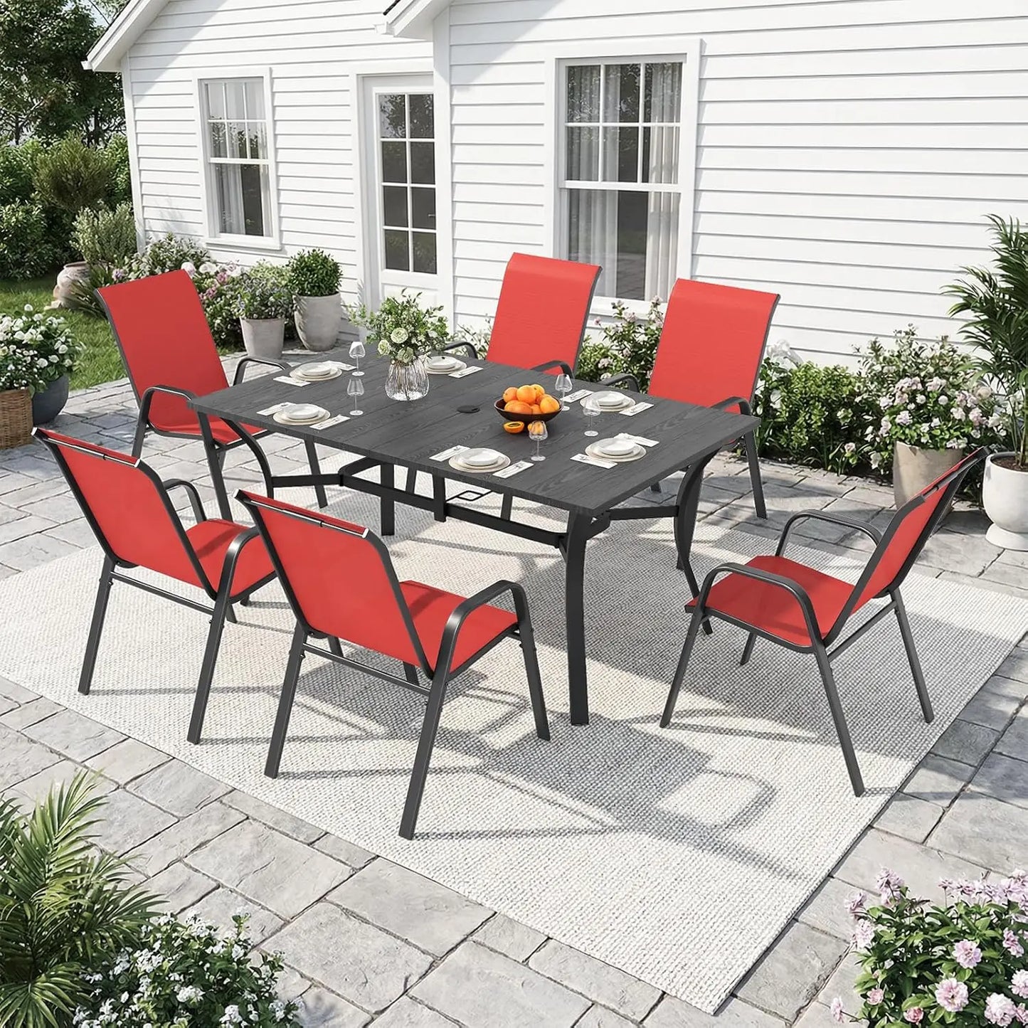 Outdoor Dining Set With Adjustable Umbrella Hole And Heavy Duty Metal Frame