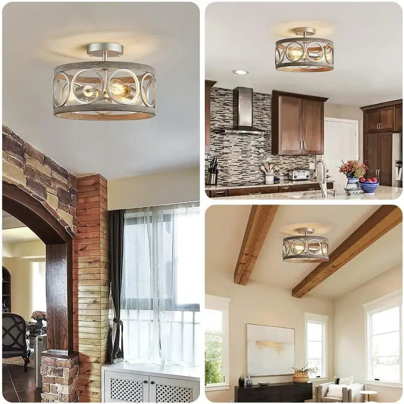 NORMICHY Industrial Circular Chandelier Farmhouse Wood Grain Ceiling Light