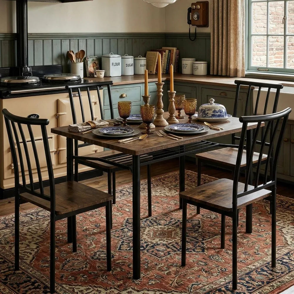 5 Piece Rectangular Dining Table Set for 4 with Chairs and Storage Rack Rustic Brown Metal Wood Kitchen Dinette Room