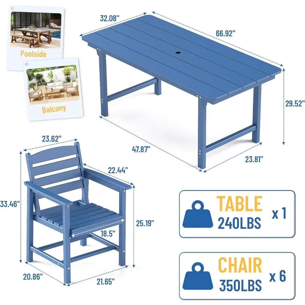 7-Piece Outdoor Patio Dining Set HDPE All-Weather Table and 6 Chairs with Umbrella Hole for Garden Backyard Poolside