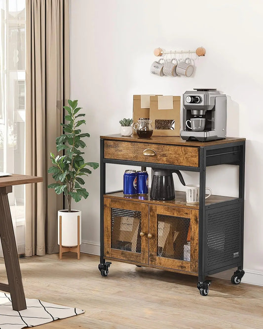 Farmhouse Coffee Bar Cabinet With Wheels And Mesh Door