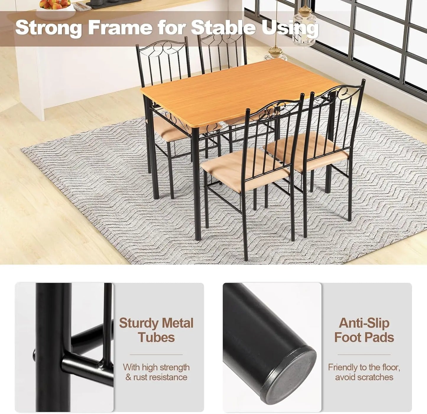 Dining Table Set With Wood Top And Padded Chairs Collection