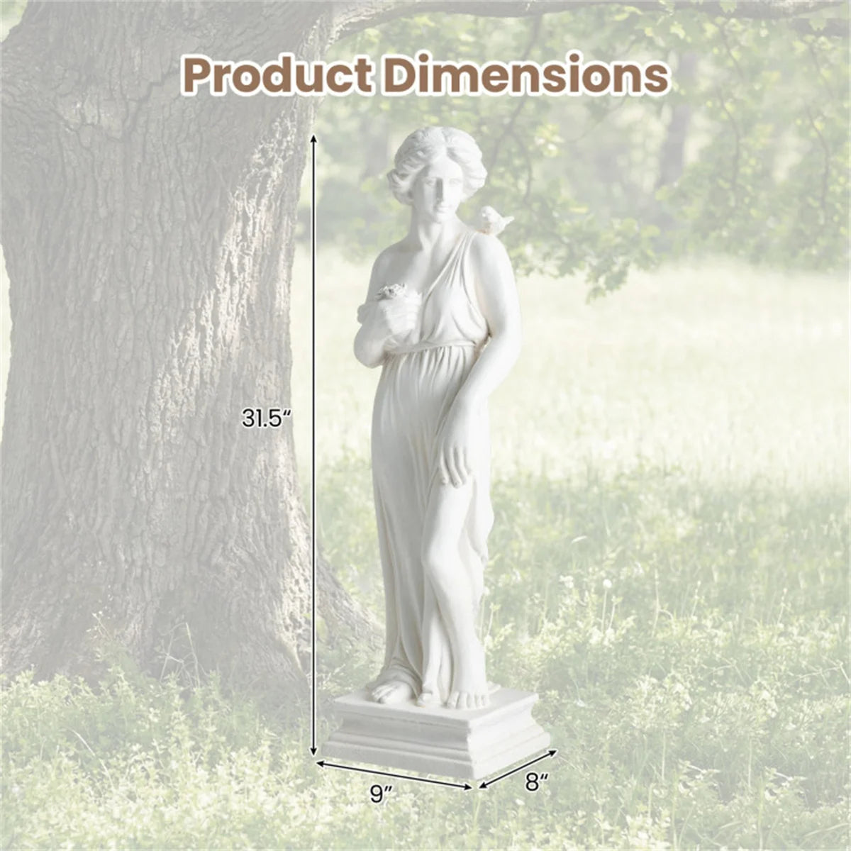 31.5 Inch Tall Greek Goddess Garden Statue, All Weather MgO Outdoor Sculpture with Handcrafted Aged Stone Finish, Floral Bouquet Bird Detail Greek Column Base, Paintable Fade Crack Resistant Mythological Yard Art for Lawn Pat