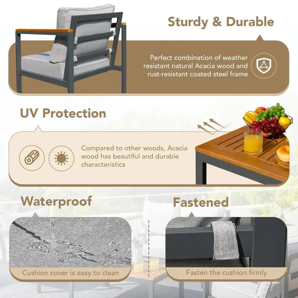4 Pieces Patio Furniture Sets Outdoor Conversation Set Acacia Wood Sofa Set with Coffee Table Thicker Sponge Cushion