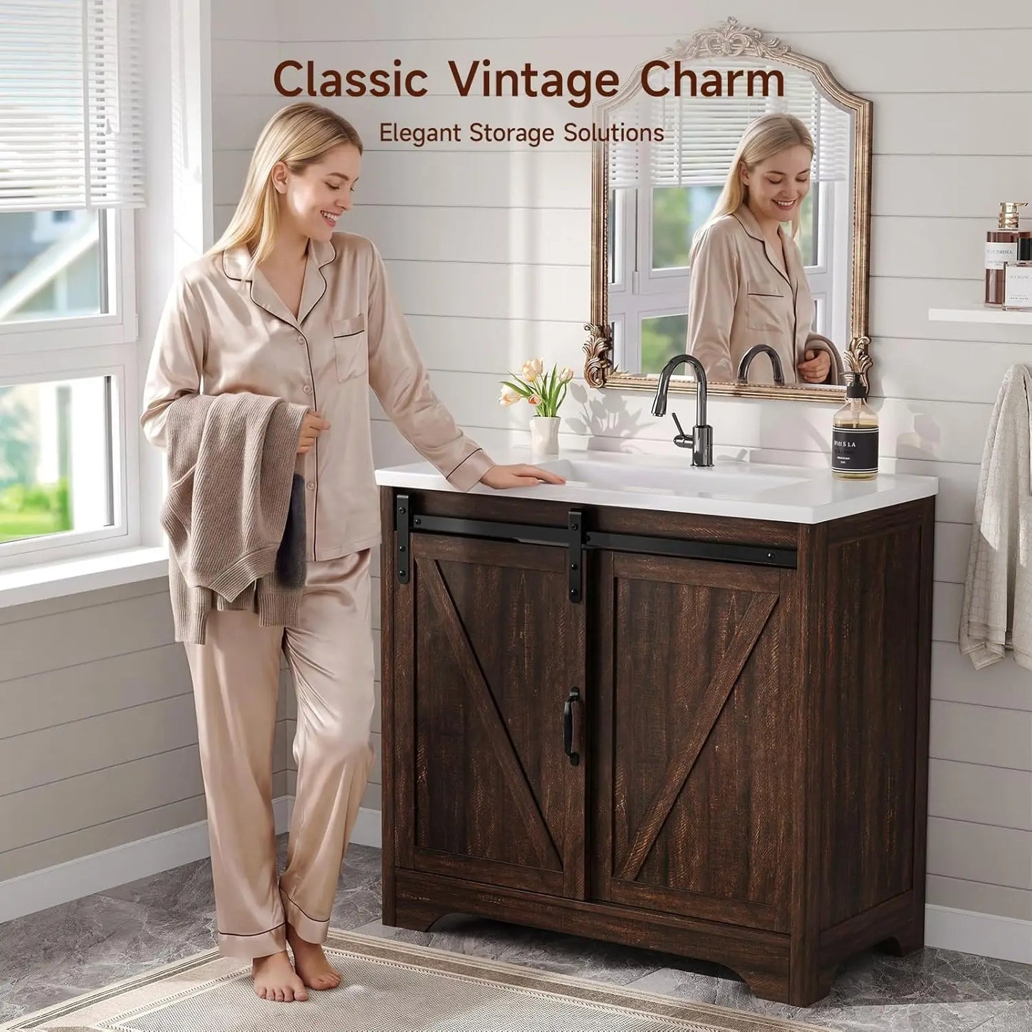 Farmhouse Sliding Barn Door Vanity With Resin Basin And Drawers