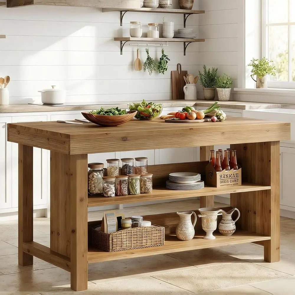 55 Natural Oak Kitchen Island with 3-Tier Shelves and Spacious Countertop