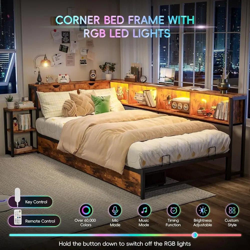 Twin Bed e with Storage Bookcase & Bede Rack, Twin Size Metal Platorm Bed e with 2 Ders, Twin Daybed with Led Lights & Charging