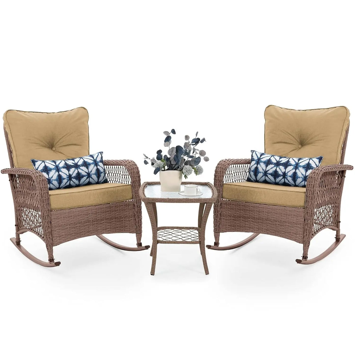 3 Piece Wicker Rocking Bistro Set All Weather PE Wicker Backyard