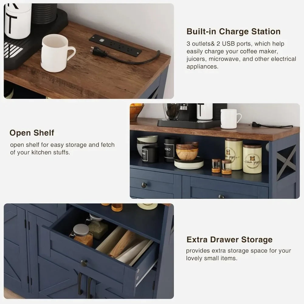 Farmhouse Buffet Cabinet With Drawers And Open Shelf Storage