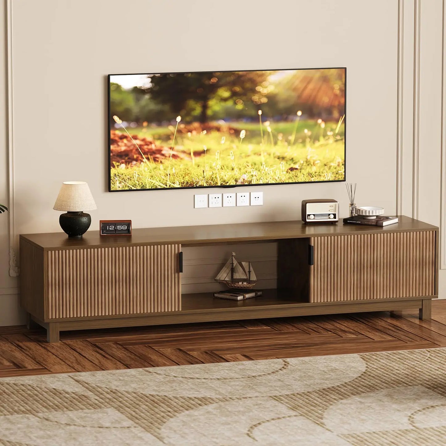 HiMISS Mid Century Fluted TV Stand With Adjustable Shelves