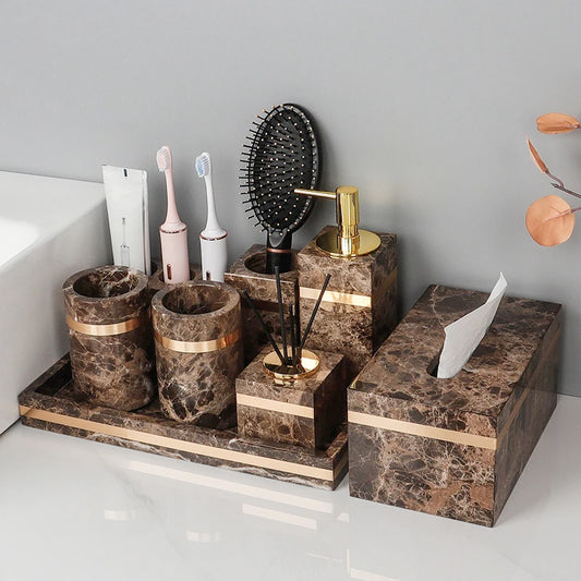 Emperador Dark Natural Marble Bathroom Set Luxury Stone Toothbrush Holder Tooth Mug Soap Dispenser Bathroom Accessories
