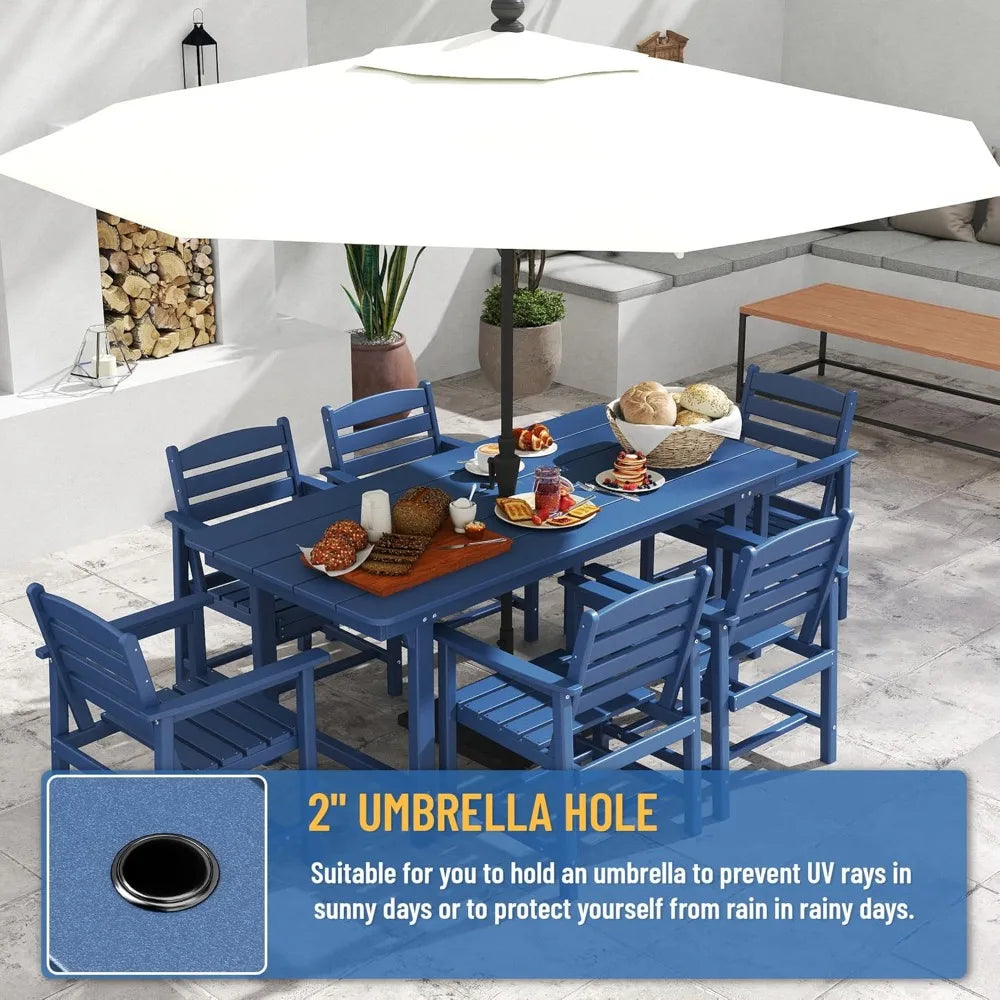 7-Piece Outdoor Patio Dining Set HDPE All-Weather Table and 6 Chairs with Umbrella Hole for Garden Backyard Poolside