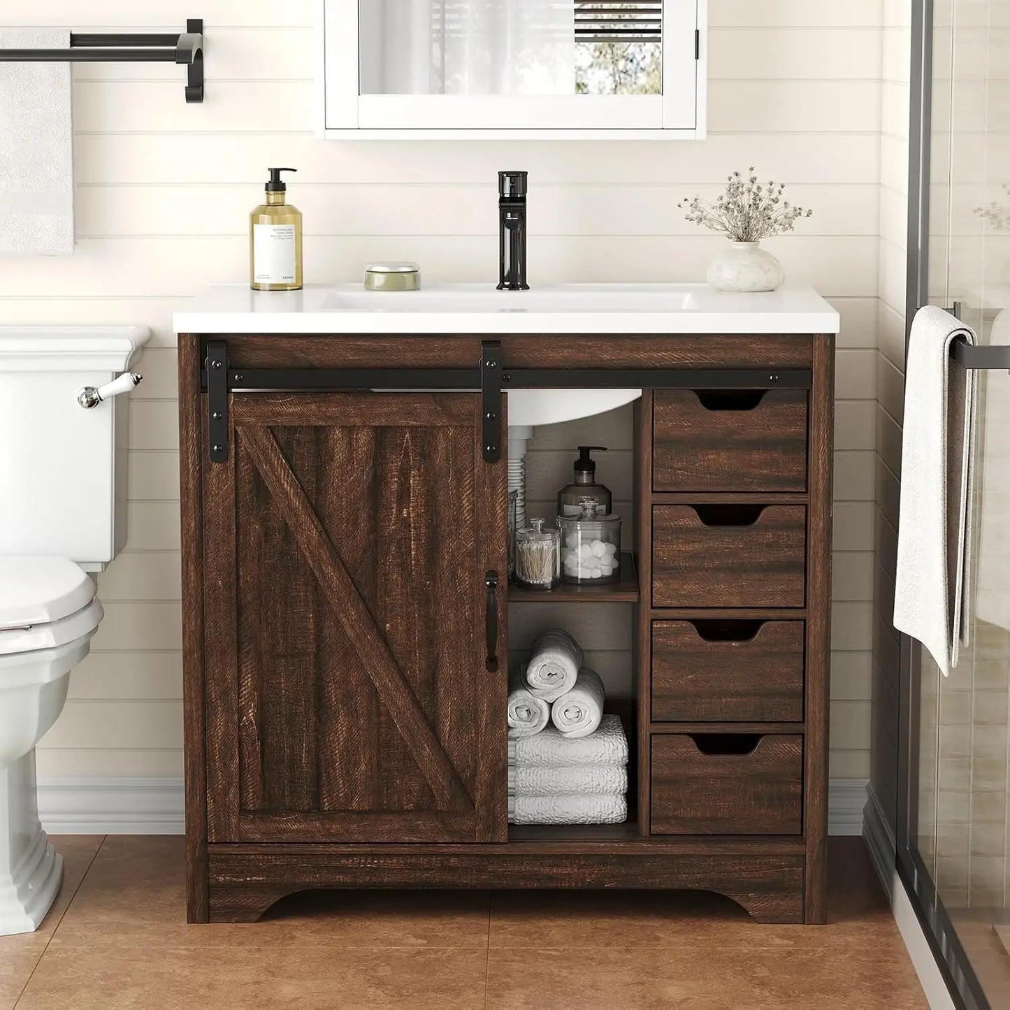 Farmhouse Sliding Barn Door Vanity With Resin Basin And Drawers