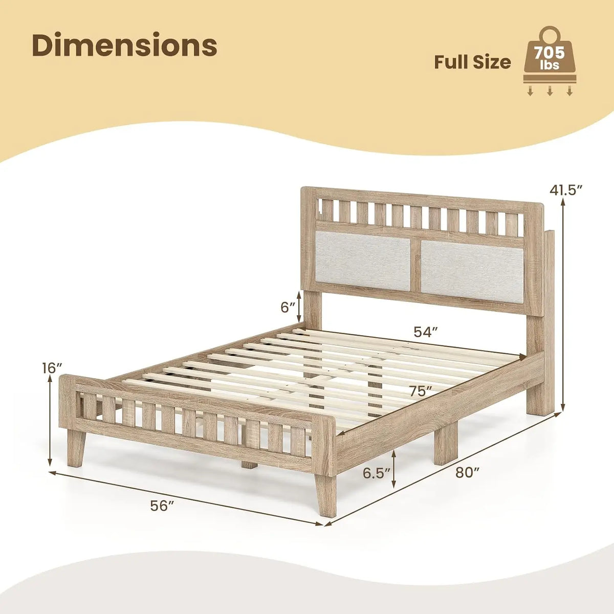 Wood Full Size Bed Frame Upholstered Headboard Platform Slat Support Storage No Box Spring Oak, Customized
