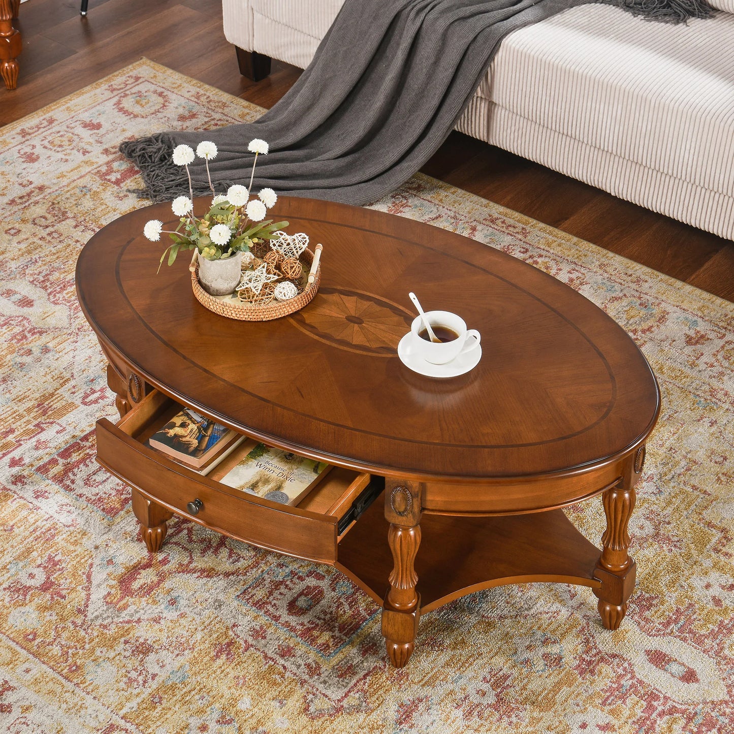 American Classic Coffee Tables With Drawers Storage Retro Oval Coffee Tables Luxury Elegant Mesas De Café Furniture Home
