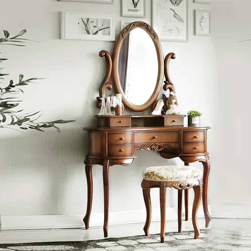 Mirror Table Bedroom European Solid Wood Dresser Amercia Princess Furniture Dark Villa Luxury Carved Makeup Table Dressing Table
