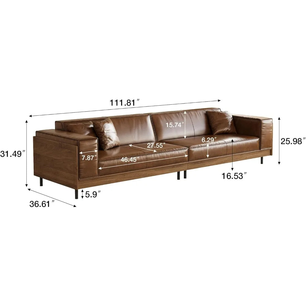 Mid Century Leather Sofa With Wooden Sides And Back