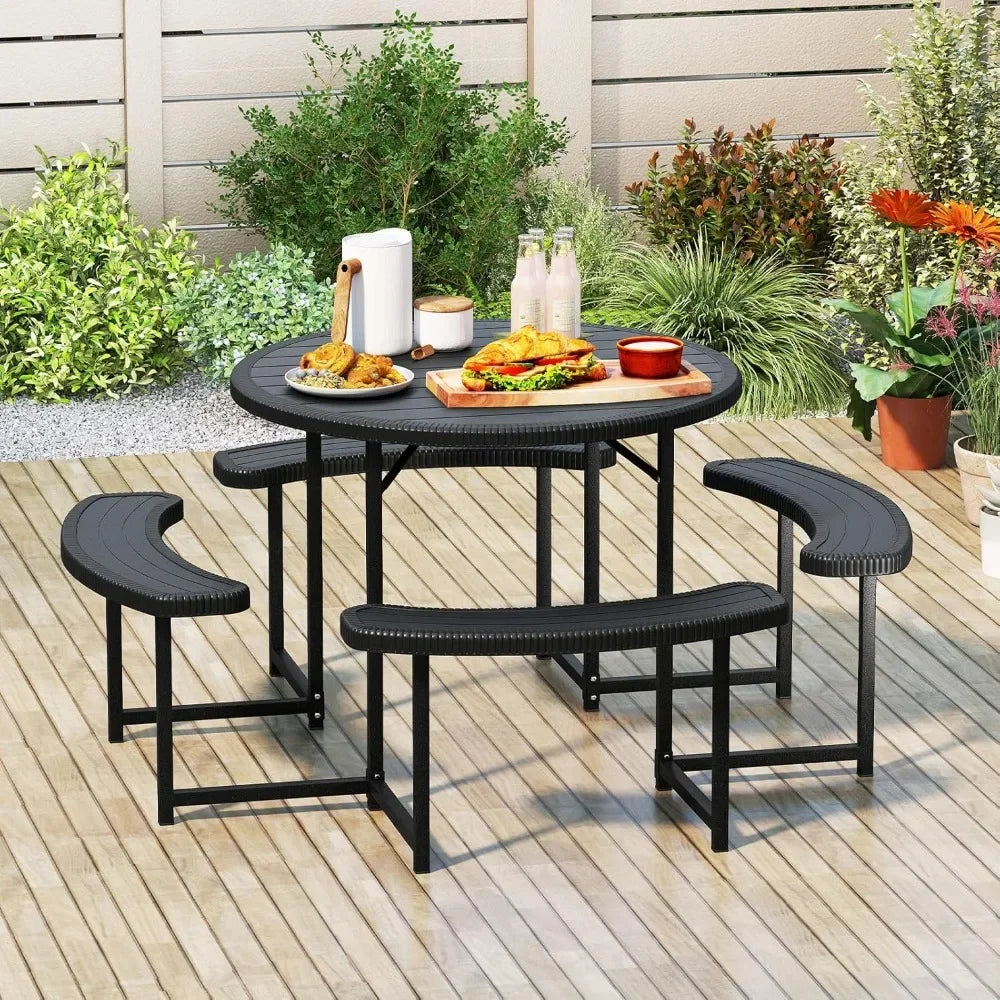 8 Person Round Picnic Table with 4 Benches, HDPE Outdoor Dining Set, Umbrella Hole, Heavy Duty Metal Frame for Garden Patio Lawn
