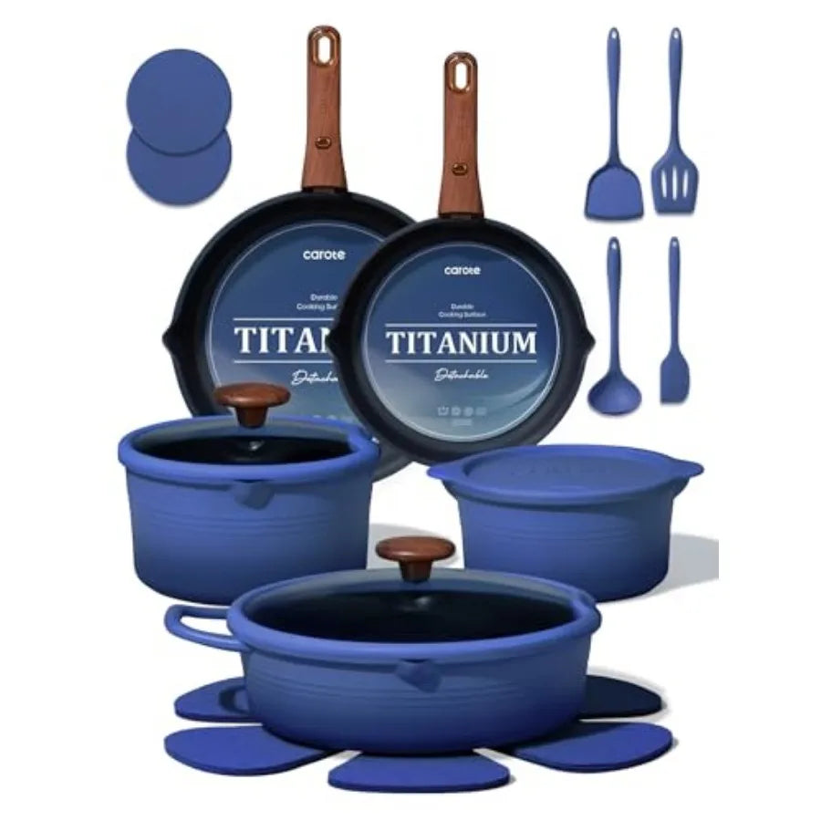 Ceramic Cookware Set With Detachable Handle 18 Pieces Nonstick Lids