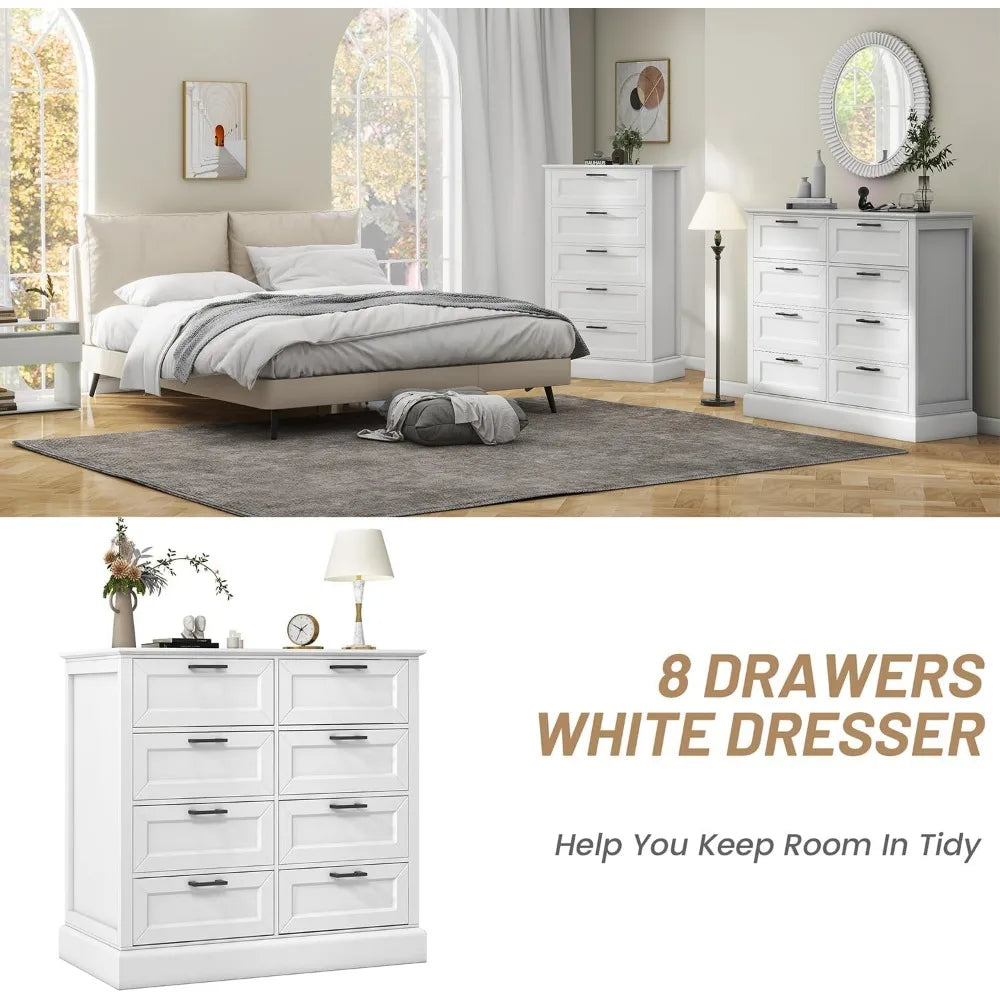 Modern Farmhouse Dresser with 8 Drawers for Bedroom Storage, 39.3” Tall Wood with Black Handles