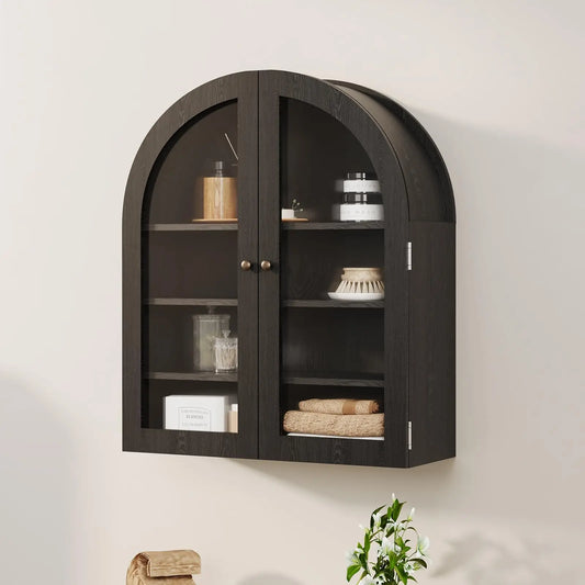 Arched Bathroom Wall Cabinet, Wall Mounted Display Cabinet with Glass Doors & Adjustable Shelves, Medicine Cabinet for Living Room Kitchen