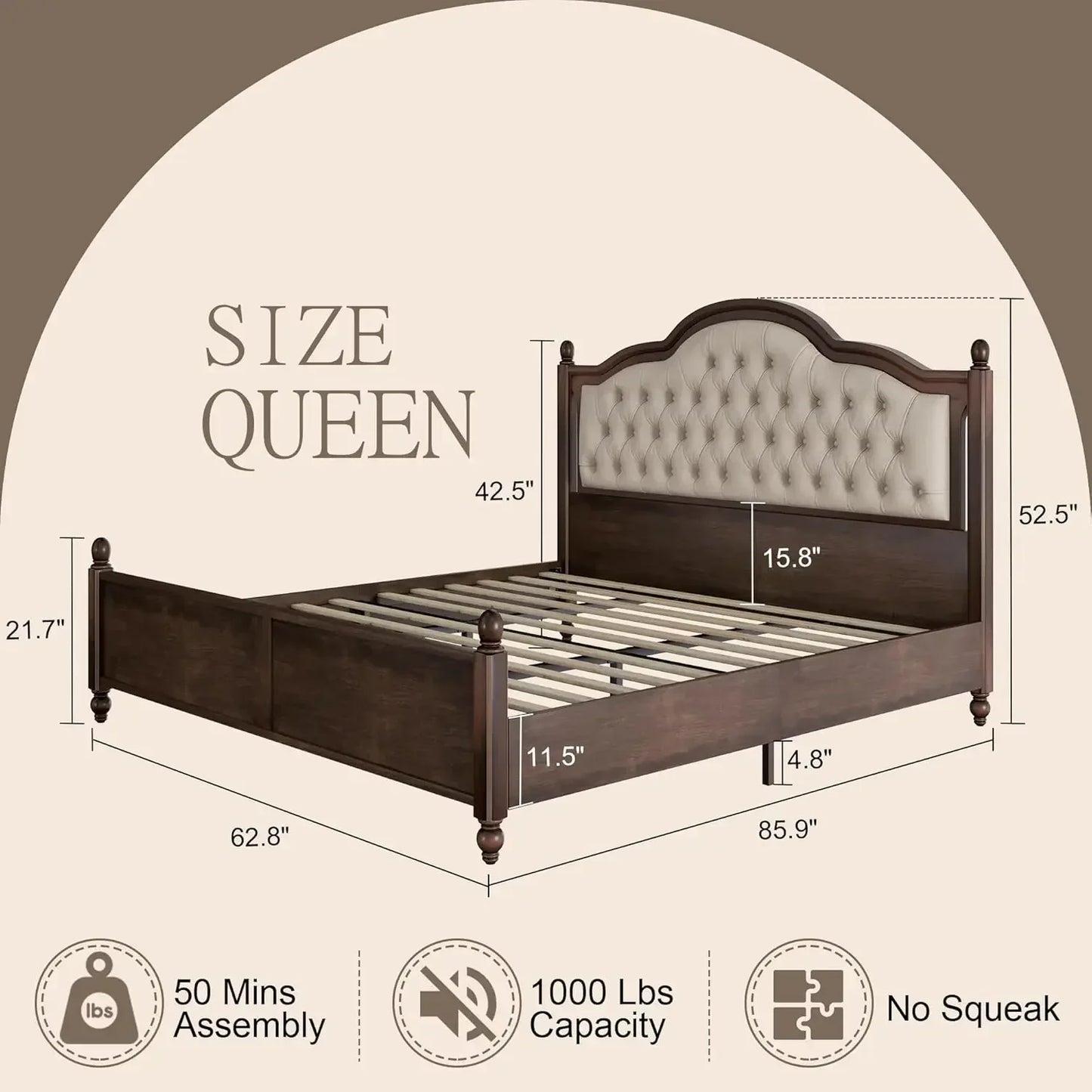 Solid Wood Bed Frame With Upholstered Tufted Headboard