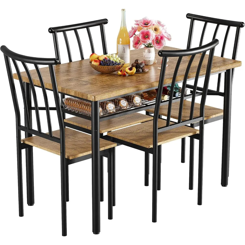 5 Piece Rectangular Dining Table Set for 4 with Chairs and Storage Rack Rustic Brown Metal Wood Kitchen Dinette Room