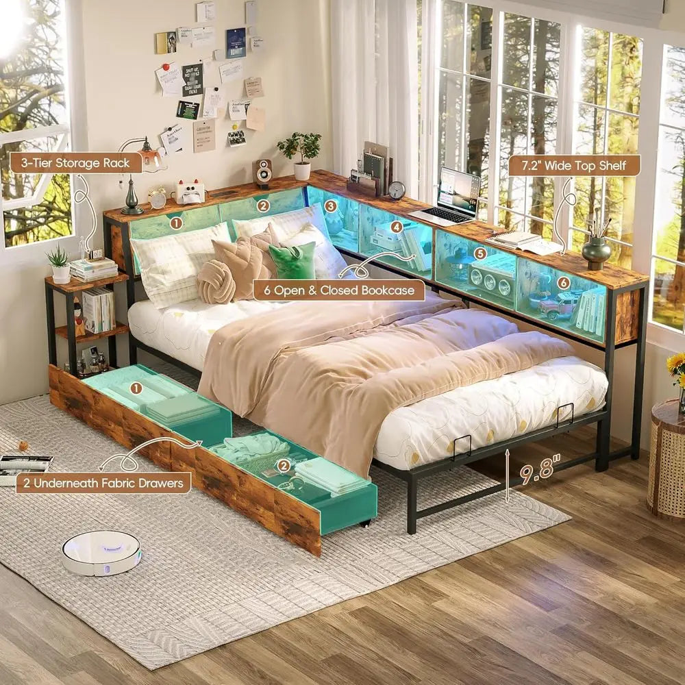 Twin Bed e with Storage Bookcase & Bede Rack, Twin Size Metal Platorm Bed e with 2 Ders, Twin Daybed with Led Lights & Charging
