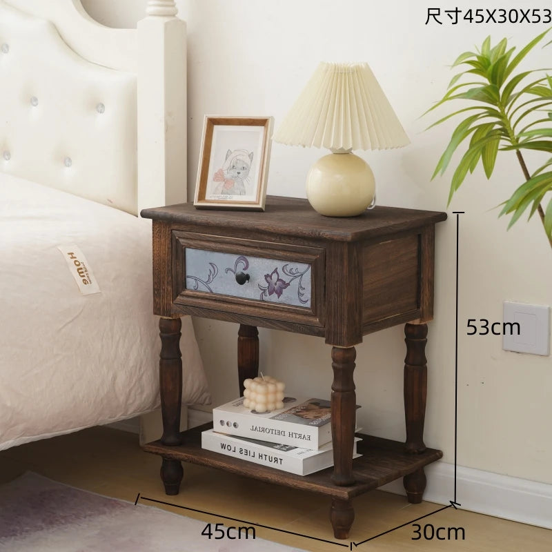 Solid Wood Vintage French Nightstand With Distressed Bedside Drawer