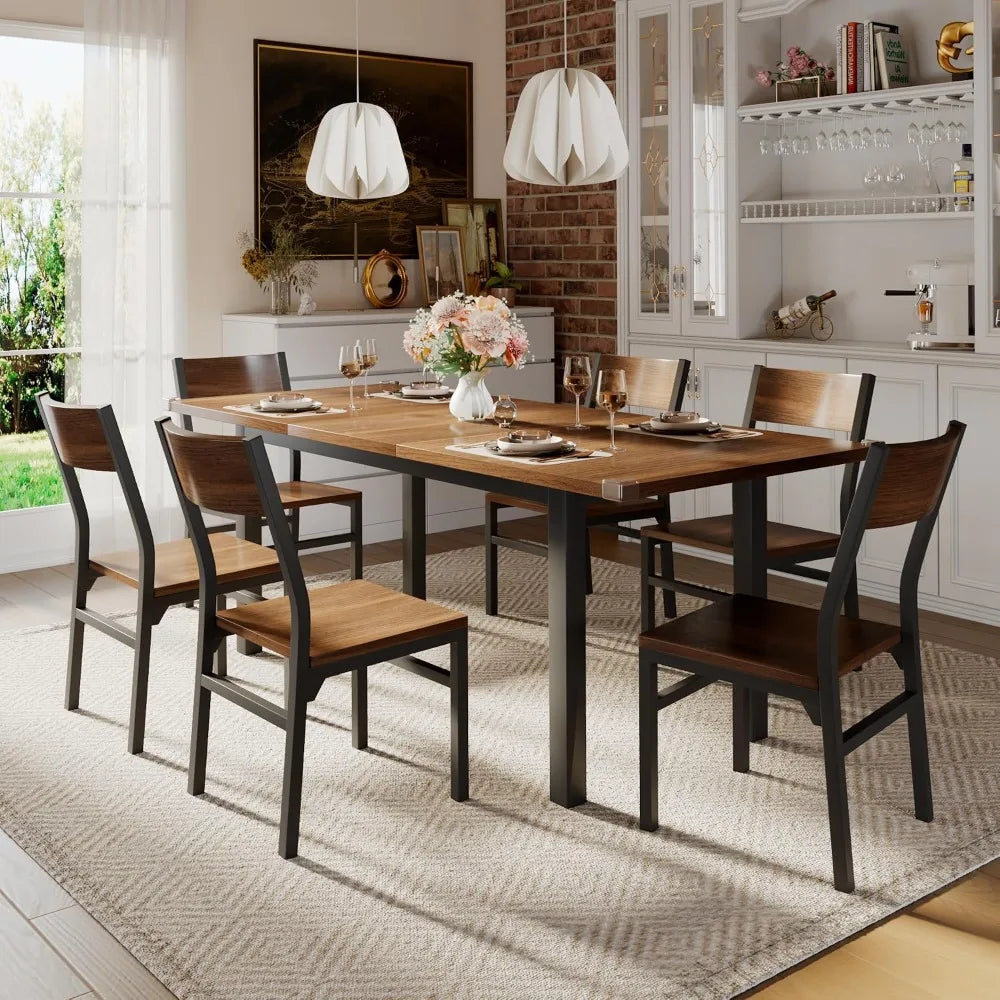 Best Selling 7 Piece Dining Table Set with 6 Chairs Extendable Kitchen Table for 4-6 Solid Metal Frame MDF Board for Small