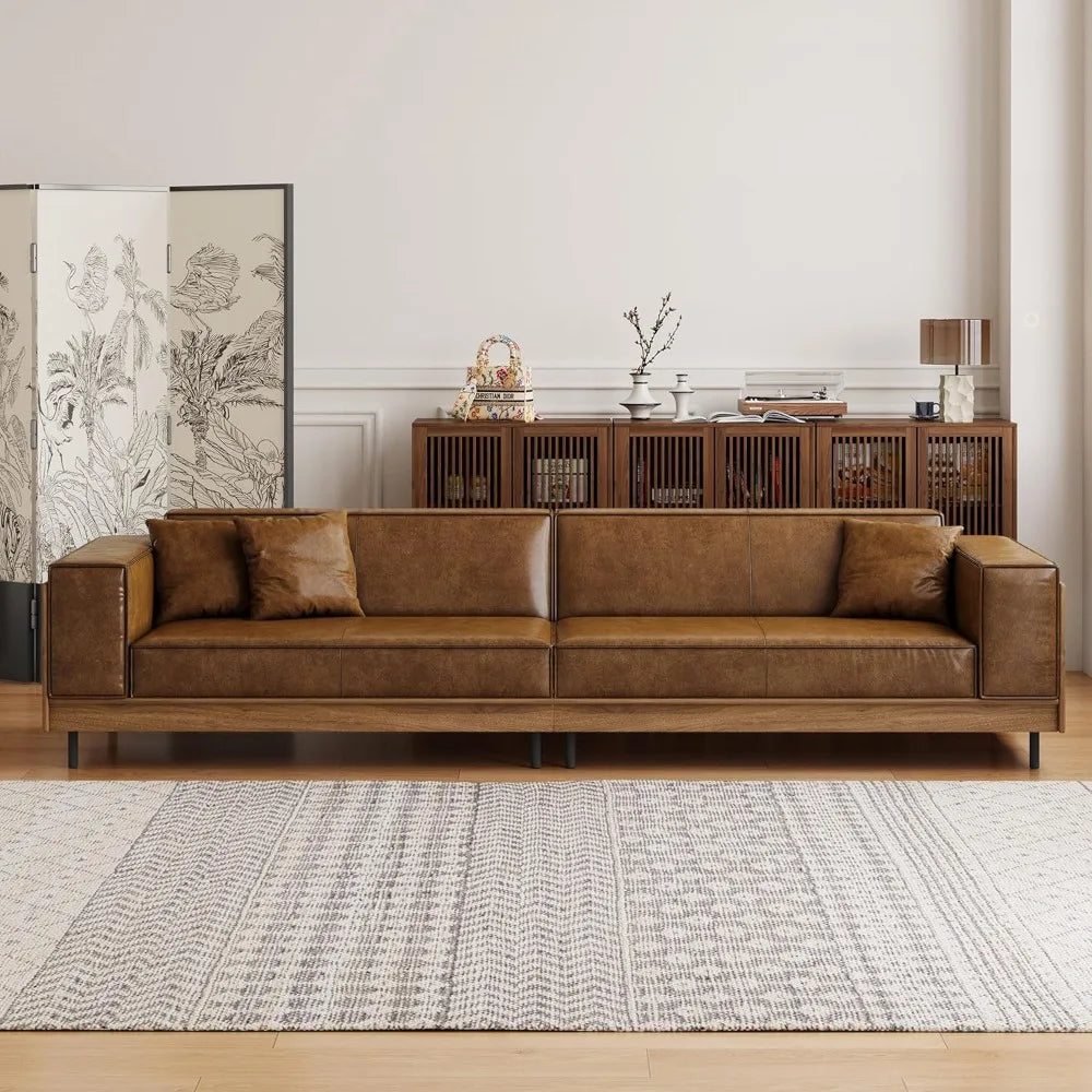 Mid Century Leather Sofa With Wooden Sides And Back