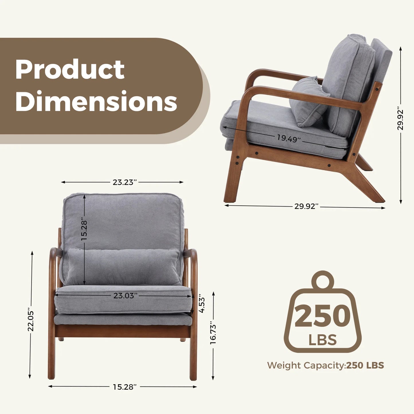 JHK Mid Century Modern Wooden Frame Accent Chair Waist Cushion